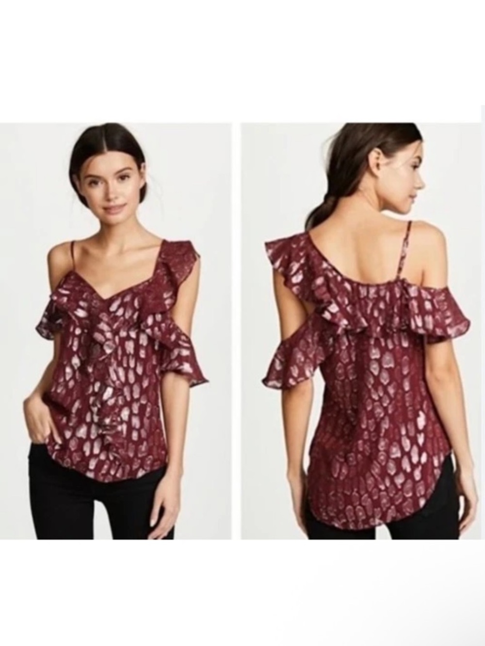 Veronica Beard Silk Burgundy Metallic Ruffle Asymmetrical Blouse